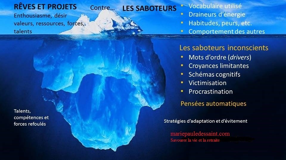 Quelques saboteurs de nos projets et de nos rêves, pas exemple nos croyances limitantes, nos schémas cognitifs, le vocabulaire que nous utilisons, nos peurs et habitudes