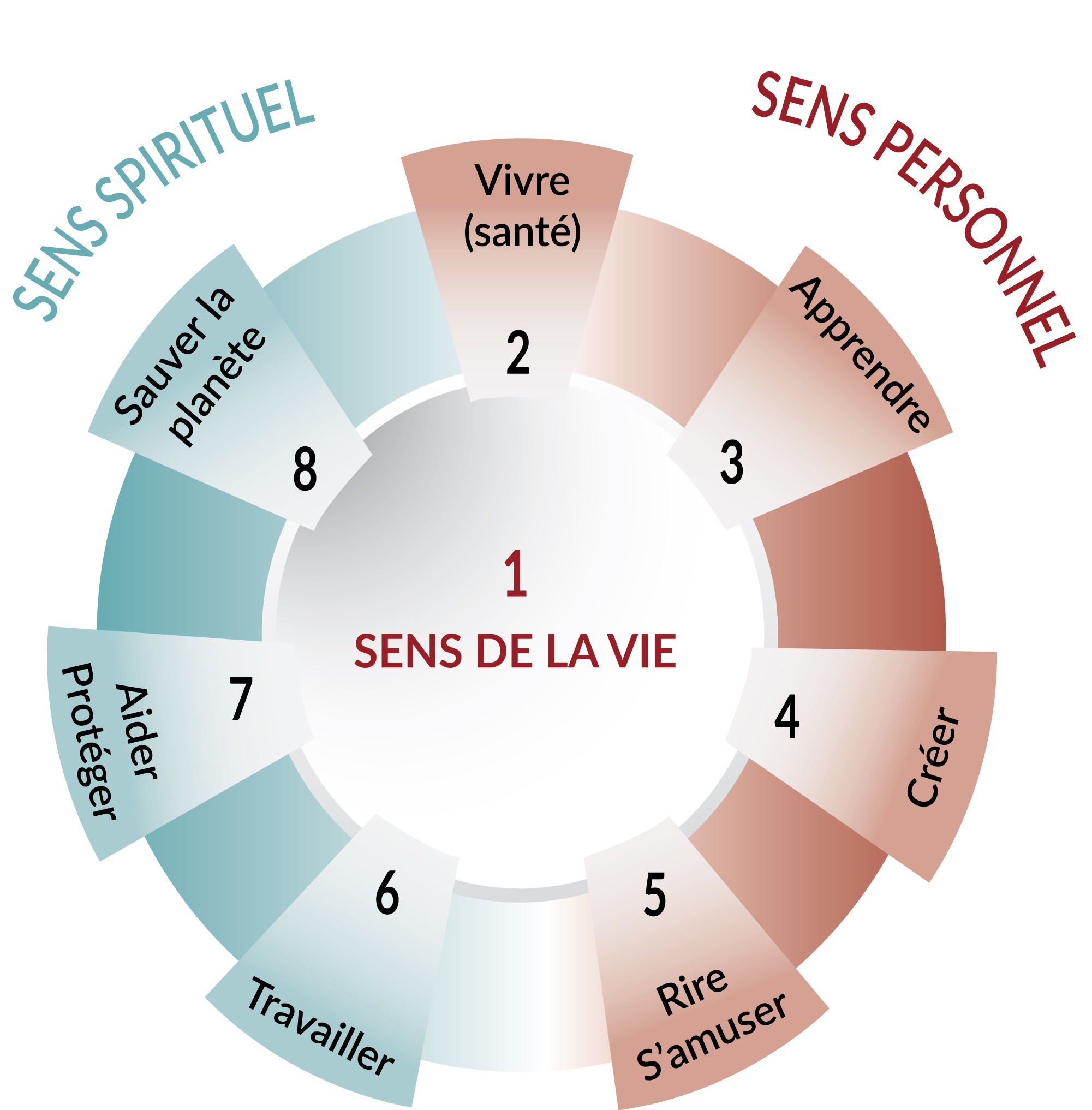 On trouve un sens à sa vie dans l'action. Le sens personnel (santé, créer. rire, s"amuser et apprendre) et le sens spirituel (travailler, aider, protéger, transmettre, sauver la planète) Illustration tirée du livre La retraite en vue? En route vers de nouveaux défis et aventures (Transitions de vie)